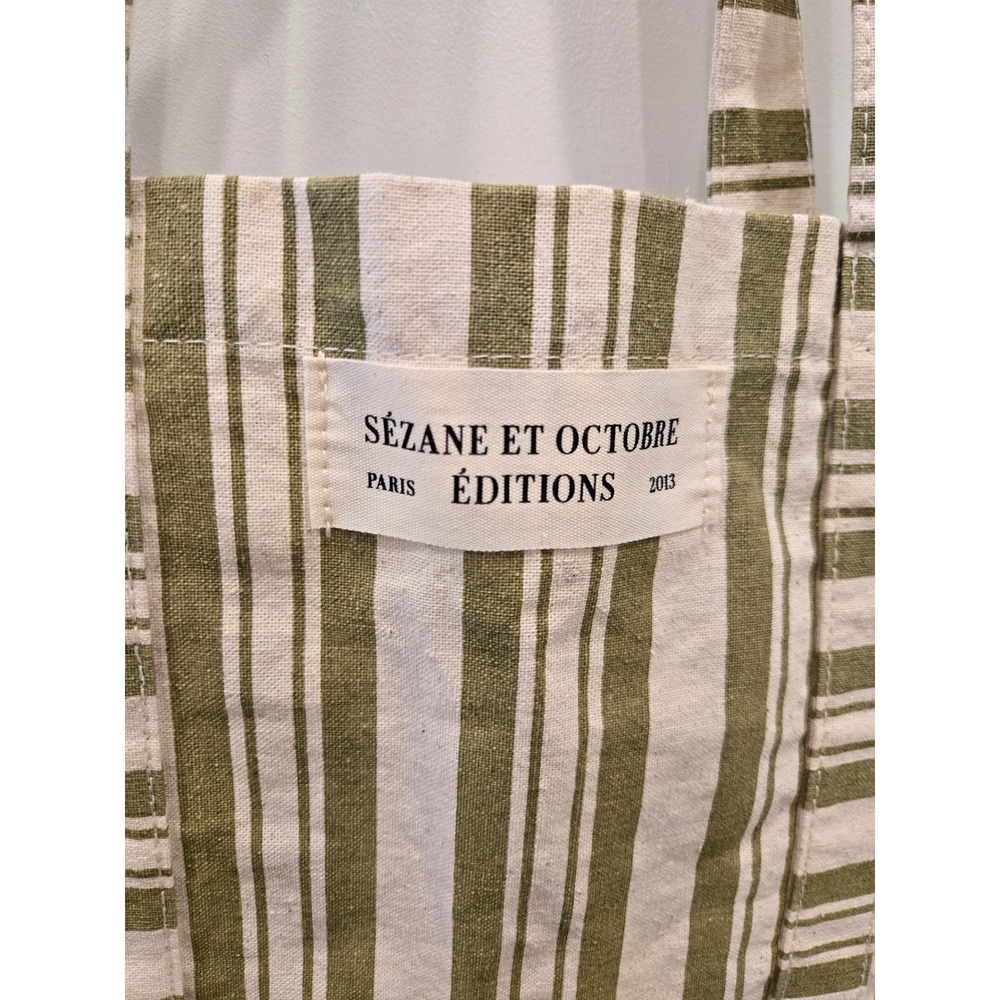 Sezane et Octobre Editions Paris Striped Canvas Tote Bag Olive Green Cream - Picture 9 of 9